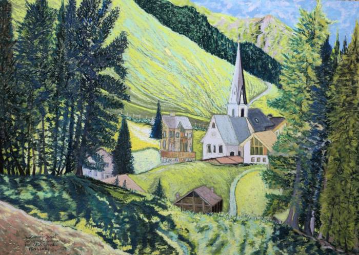 Bild von Vjollca Jenal mit Soft Pastels auf Papier gemalt: St. Jakobs Kirche in Samnaun-Compatsch (70x50 cm)