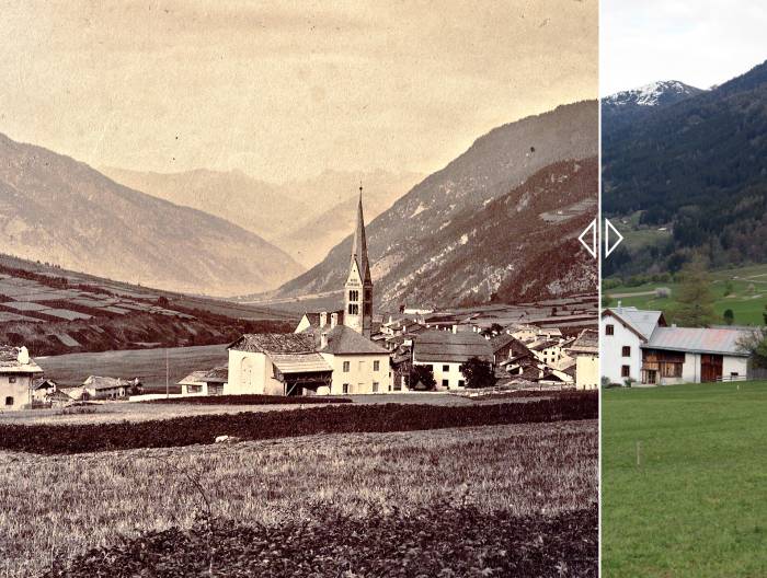 Zeitreise in der Biosfera Val Müstair: zwischen den zwei Ansichten von St. Maria liegen ca. 130 Jahre.