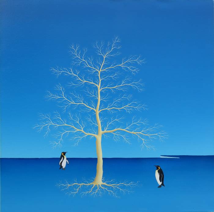 Pinguin und Pinguina heisst dieses Bild und besteht aus einem Baum und zwei Tieren.
