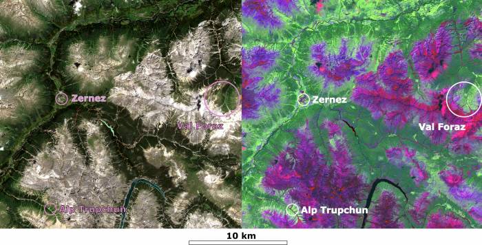 Ein herkömmliches Satellitenbild (links) im Vergleich zu einem mit Informationen, welche für uns Menschen nicht sichtbar sind (rechts).